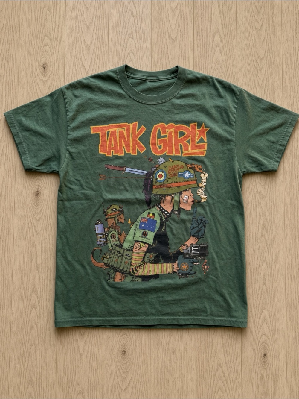 Gildan Tank Girl Graphic Tee - Forest Green with Orange Print
